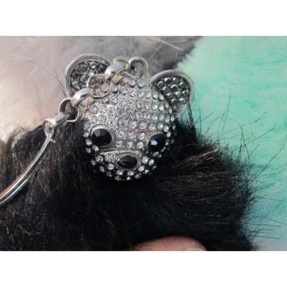 SET OF 3 PUFF BALL KEYCHAINS KEYRING RHINESTONE TEDDY BEAR, BULLDOG, GREY